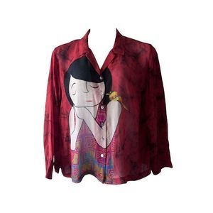 Chicos Designs 100% Silk Asian Sheer Blouse Sleeping Woman Bird Size 1 Vintage
